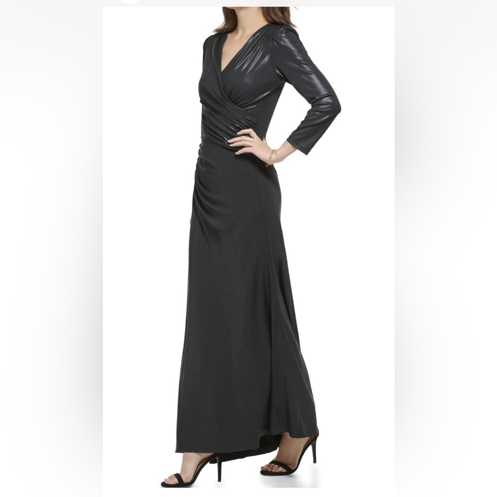 Dkny Black Long Sleeve V-Neck Evening Gown